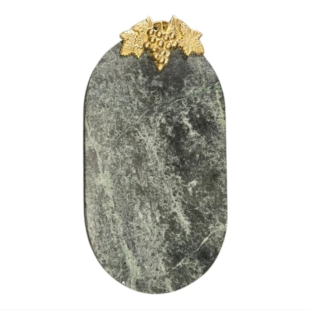 Vintage Green Marble Cheese Board Serving Tray With Brass Grapes